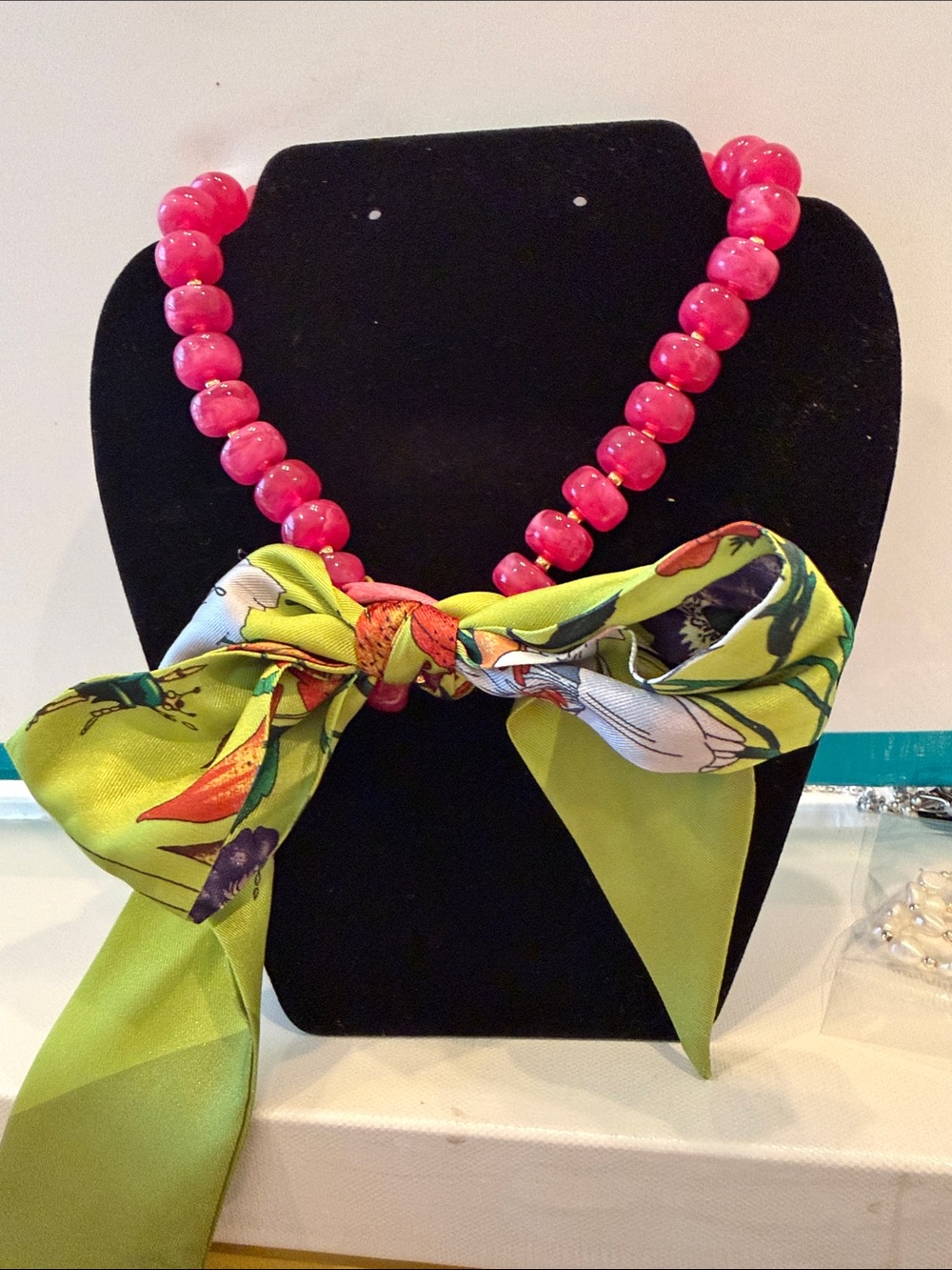 Bright Pink Beaded Necklace with Lime Green Floral Bow